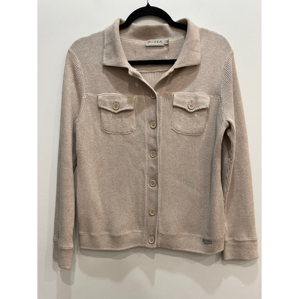 Modea Cotton Ribbed Knit Neutral Minimalist 90s Cardigan Shacket Women Large